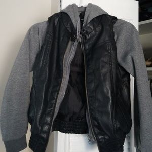 Hooded faux leather sweatshirt jacket